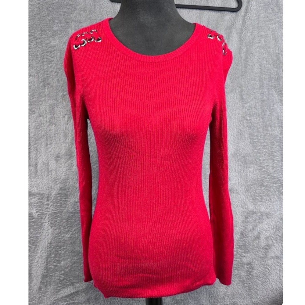 Carmen Marc Valvo Red Ribbed Knit Long Sleeve Top with Grommet Detail